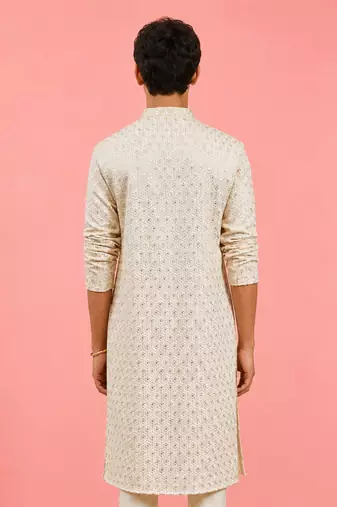 Boy's off-white rayon embroidered knee length kurta