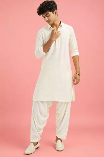 Boy's cream fine satin solid knee length kurta