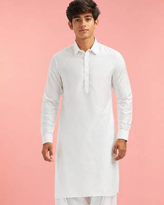 Boy's white fine satin solid knee length kurta 1
