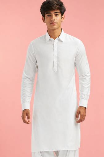 Boy's white fine satin solid knee length kurta