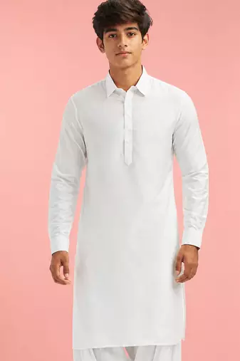 Boy's white fine satin solid knee length kurta
