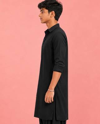 Boy's black fine satin solid knee length kurta 3