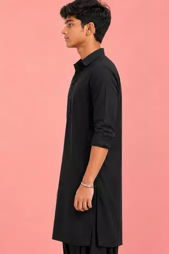 Boy's black fine satin solid knee length kurta