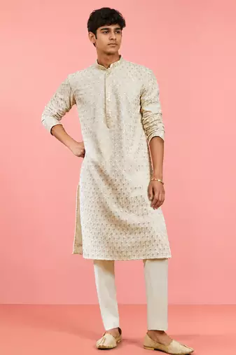 Boy's off-white rayon embroidered knee length kurta