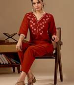 Maroon embroidery cotton kurta with pant