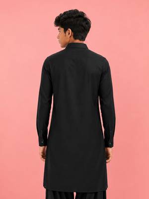Boy's black fine satin solid knee length kurta 4