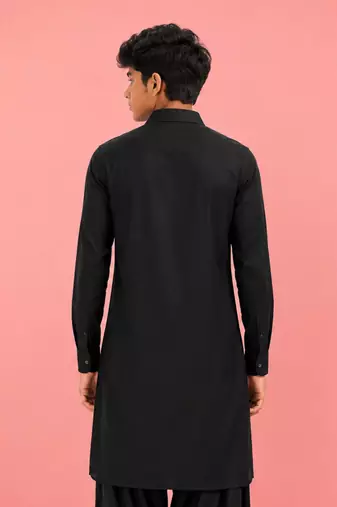 Boy's black fine satin solid knee length kurta