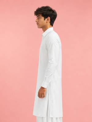 Boy's white fine satin solid knee length kurta 3