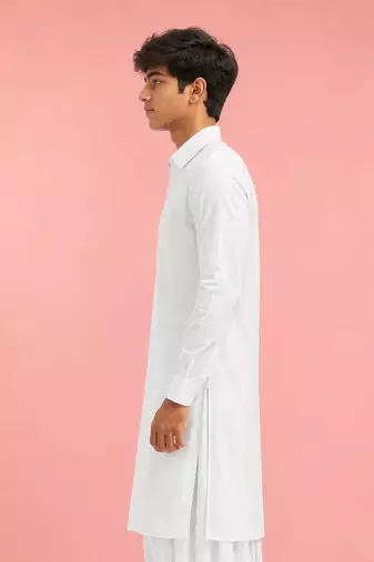 Boy's white fine satin solid knee length kurta