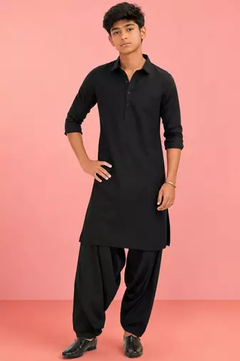 Boy's black fine satin solid knee length kurta
