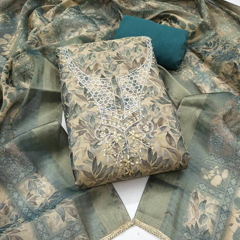 multi unstitched shimmer print handwork with printed dupatta linen dress material