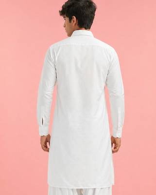 Boy's white fine satin solid knee length kurta 4