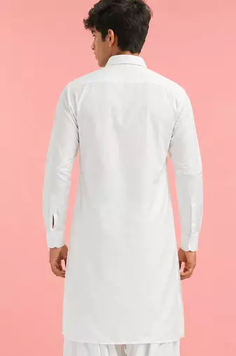 Boy's white fine satin solid knee length kurta