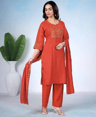 Rust embroidery mul cotton kurta with pant and duptta set 1