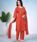 Rust embroidery mul cotton kurta with pant and duptta set