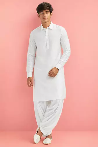 Boy's white fine satin solid knee length kurta