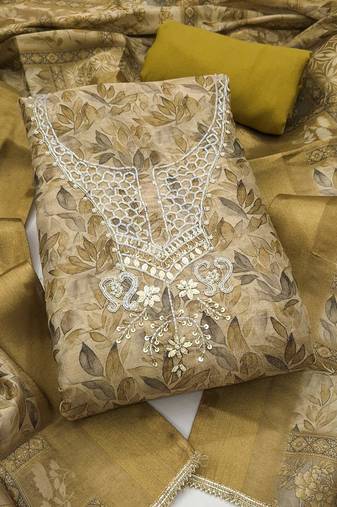 multi unstitched shimmer print handwork with printed dupatta linen dress material