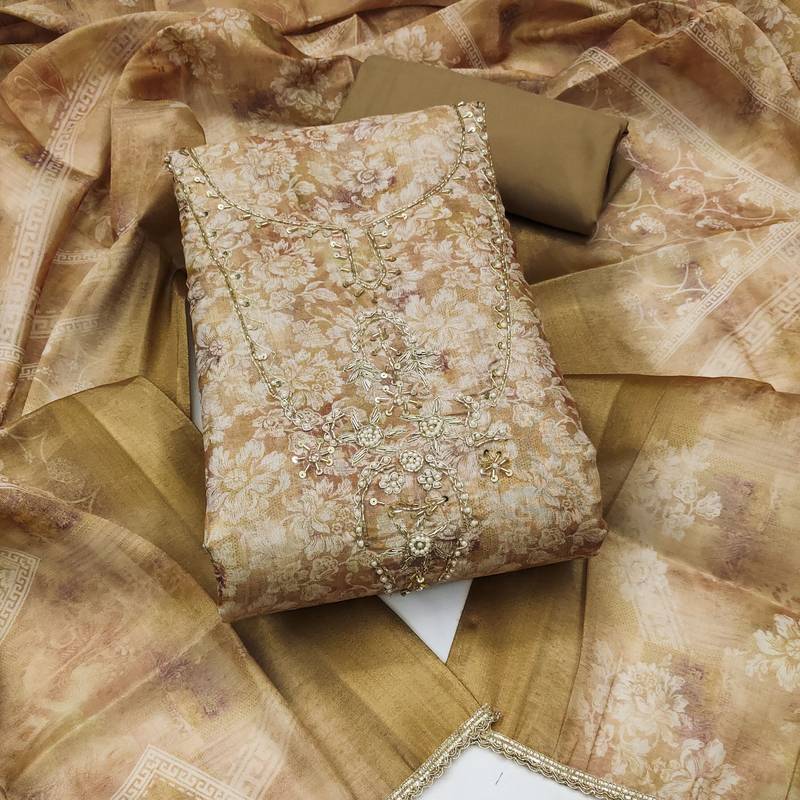 multi unstitched shimmer print handwork with printed dupatta linen dress material