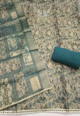 multi unstitched shimmer print handwork with printed dupatta linen dress material 2