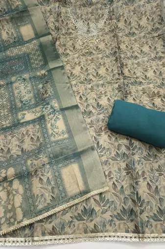 multi unstitched shimmer print handwork with printed dupatta linen dress material