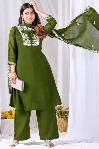 Mehendi embroidery mul cotton kurta with plazzo and duptta set