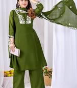 Mehendi embroidery mul cotton kurta with plazzo and duptta set
