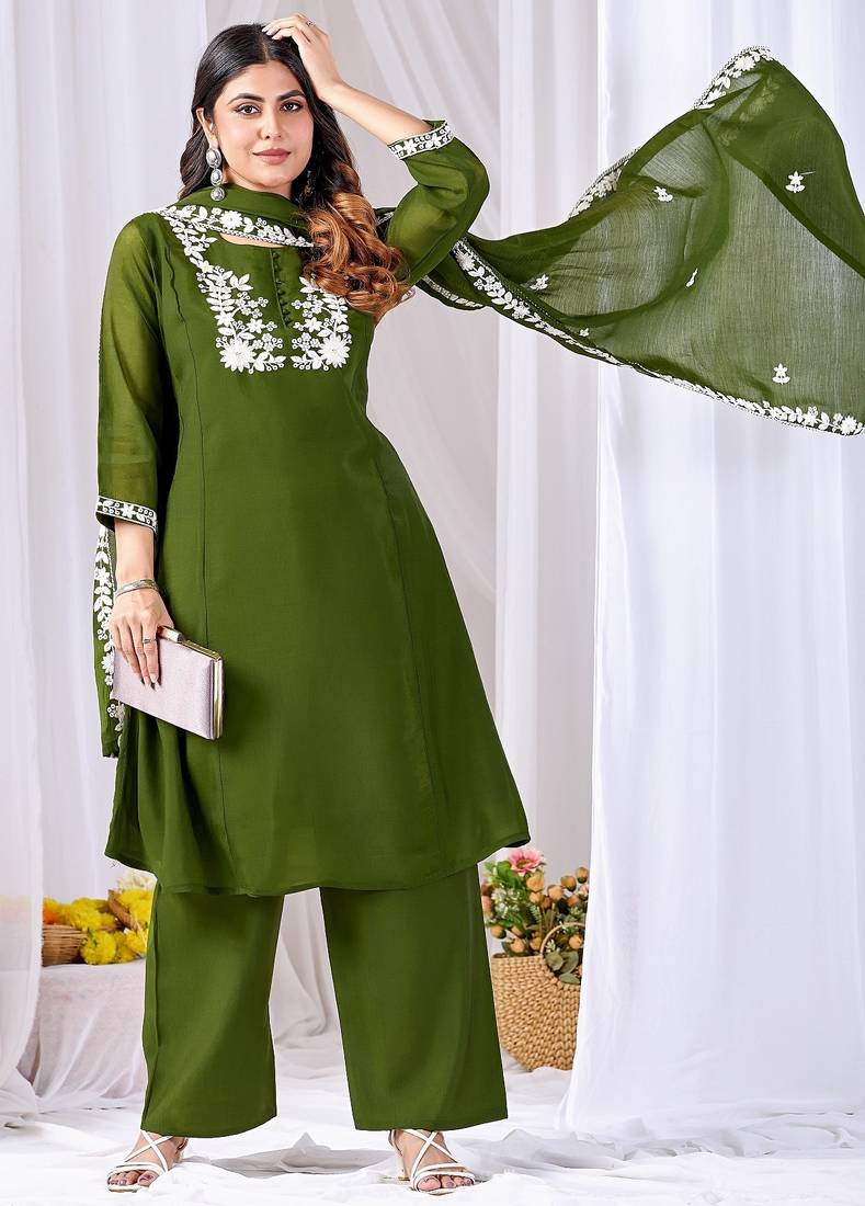 Mehendi embroidery mul cotton kurta with plazzo and duptta set