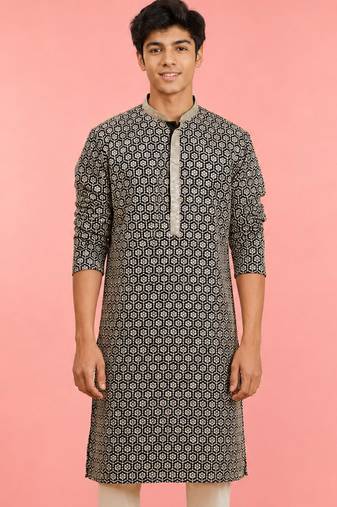 Boy's black rayon embroidered knee length kurta