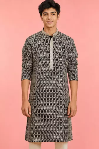Boy's black rayon embroidered knee length kurta