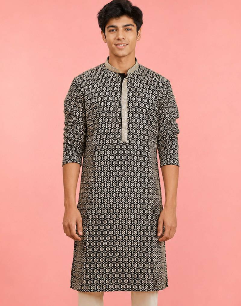 Boy's black rayon embroidered knee length kurta