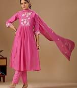 Pink embroidery mul cotton kurta with pant and duptta set
