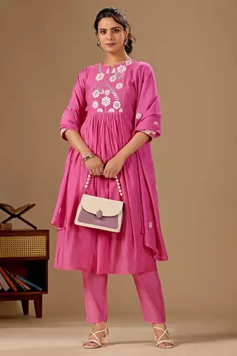 Pink embroidery mul cotton kurta with pant and duptta set