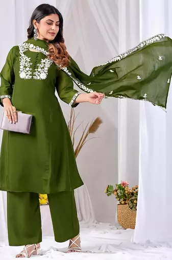Mehendi embroidery mul cotton kurta with plazzo and duptta set