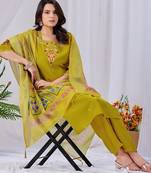 Mehendi green embroidery rayon kurta with pant and duptta set