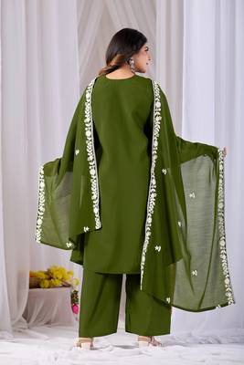 Mehendi embroidery mul cotton kurta with plazzo and duptta set 4