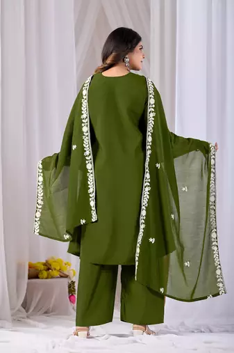 Mehendi embroidery mul cotton kurta with plazzo and duptta set