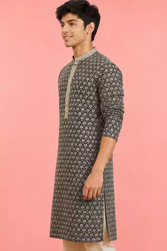 Boy's black rayon embroidered knee length kurta
