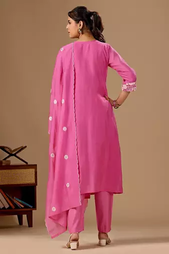 Pink embroidery mul cotton kurta with pant and duptta set