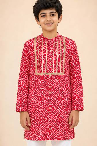 Boy's red cotton digital print knee length kurta