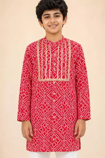 Boy's red cotton digital print knee length kurta