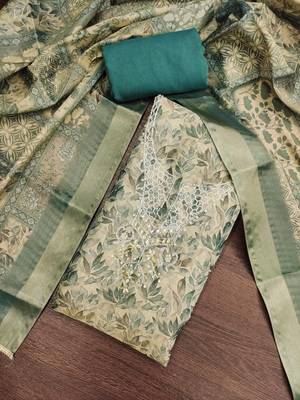 multi unstitched shimmer print handwork with printed dupatta linen dress material 4