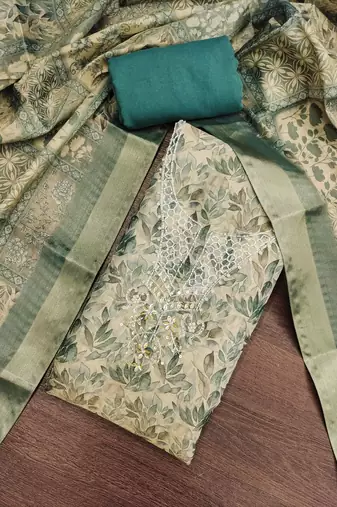 multi unstitched shimmer print handwork with printed dupatta linen dress material
