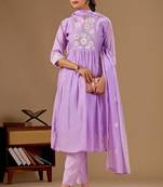 Lavender embroidery mul cotton kurta with pant and duptta set