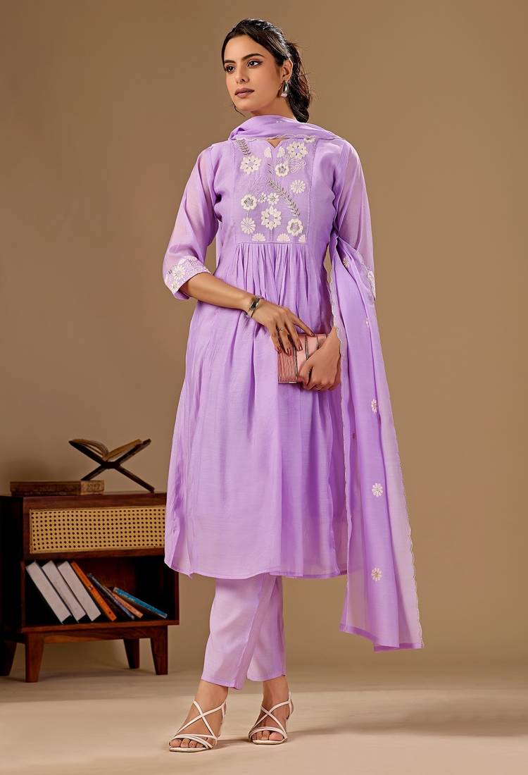 Lavender embroidery mul cotton kurta with pant and duptta set