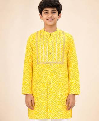 Boy's yellow cotton digital print knee length kurta 1