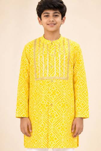 Boy's yellow cotton digital print knee length kurta