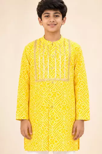 Boy's yellow cotton digital print knee length kurta