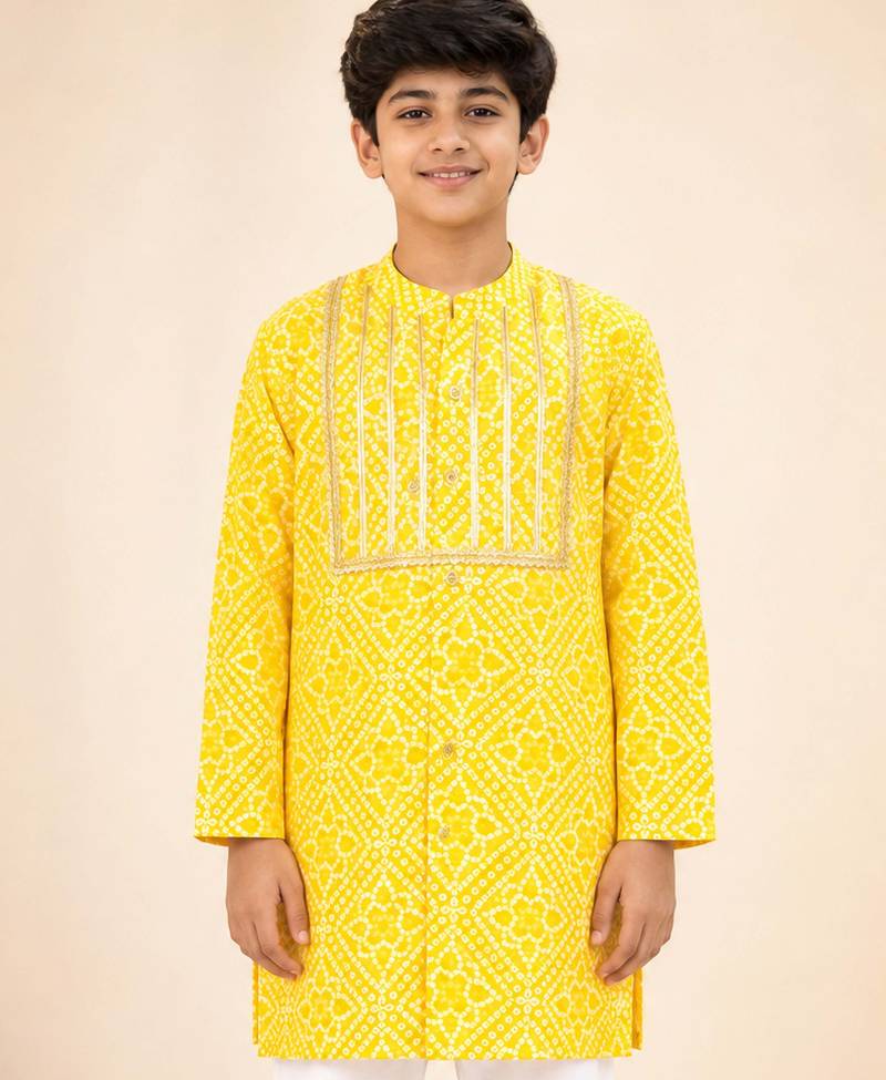 Boy's yellow cotton digital print knee length kurta