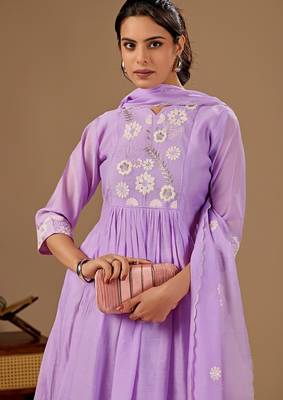 Lavender embroidery mul cotton kurta with pant and duptta set 2