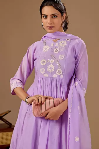 Lavender embroidery mul cotton kurta with pant and duptta set